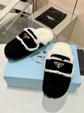 Prada Black Suede Shearling Mule Slides Gold Triangle Logo